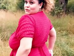 BBW wife stripteases and gives hot POV blowjob outdoors