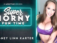 Soloing big-boobed chick Kagney Linn Karter fucks with a huge toy