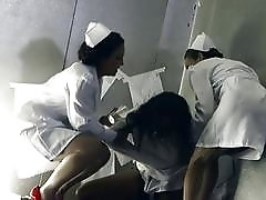 Two horny lesbian nurses dominate and fuck exotic ebony chick