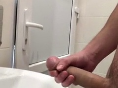 Naked faggot cum in public toilet