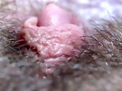 Extreme close up on my hairy big clit pussy