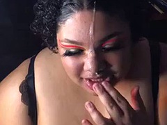BBW loves huge amount of cum on her face